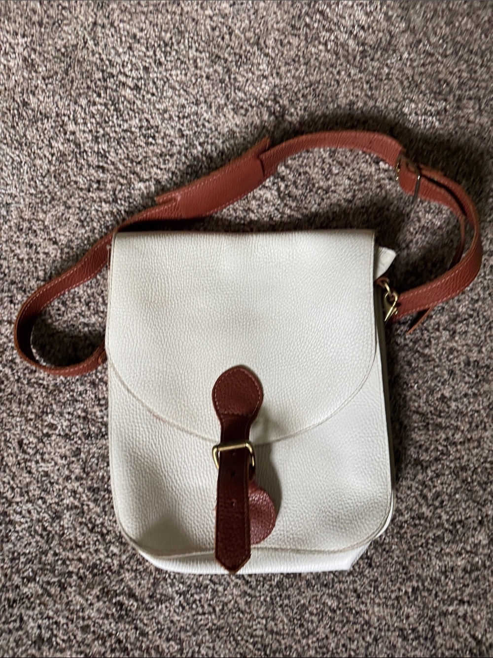 Cream and Tan Pebbled Crossbody Bag with Buckle Strap
